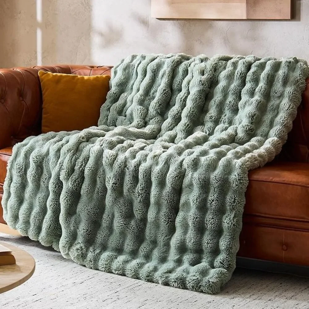 Cozy Faux Rabbit Fur Bubble Blanket Throw Size,Green,50